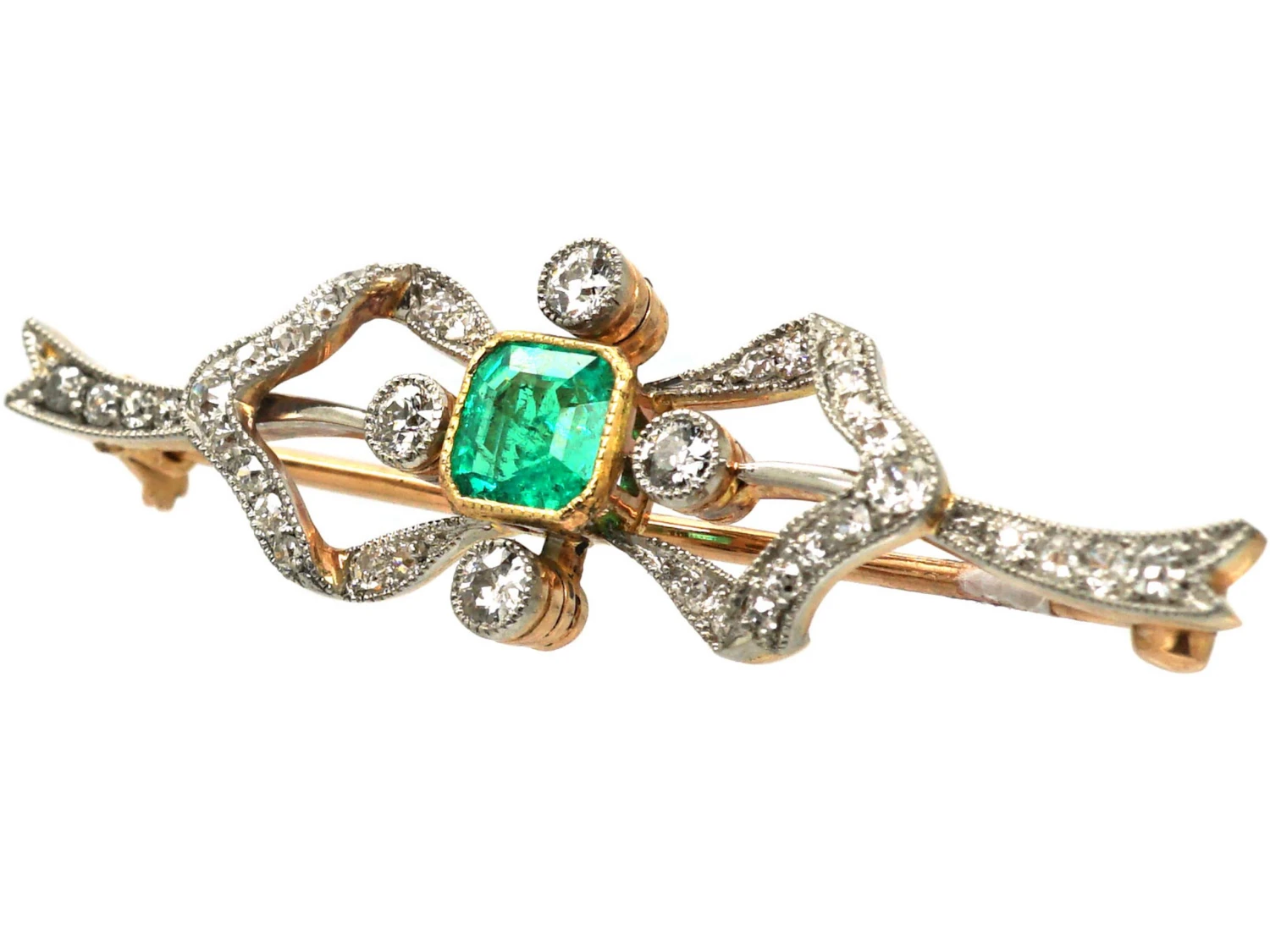 Art Deco 15ct Gold & Platinum, Emerald & Diamond Bow Brooch 4 Art Deco 15ct Gold & Platinum, Emerald & Diamond Bow Brooch - Image 2