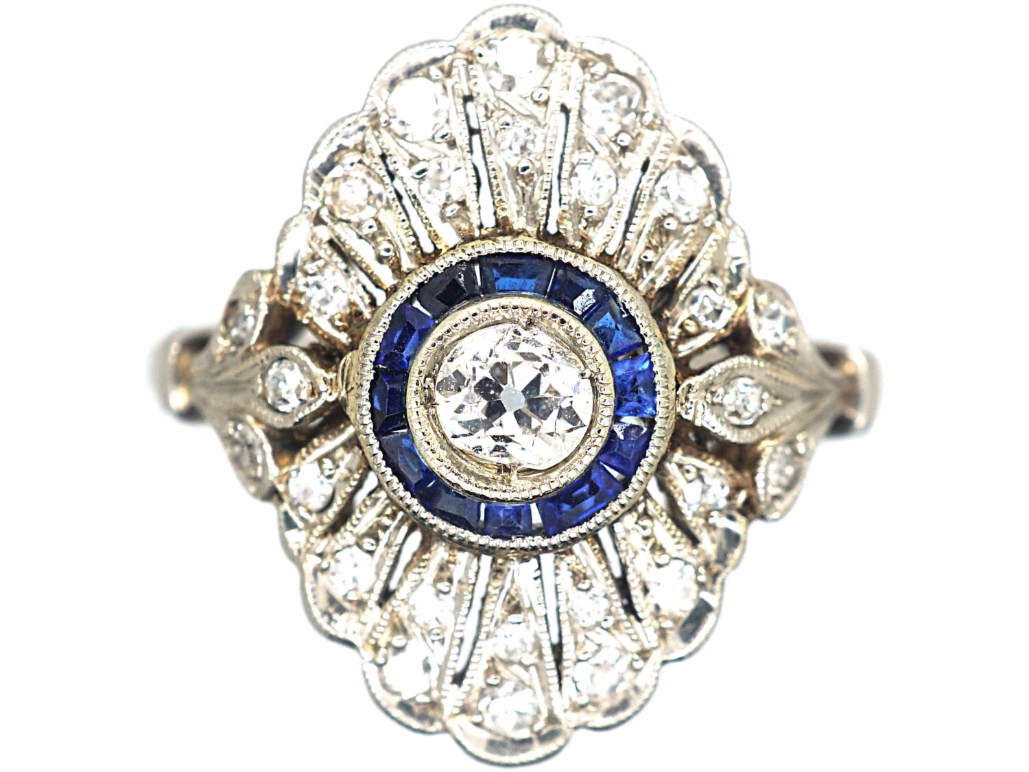Art Deco Platinum, Sapphire & Diamond Target & Feather Style Ring 3 Art Deco Platinum, Sapphire & Diamond Target & Feather Style Ring