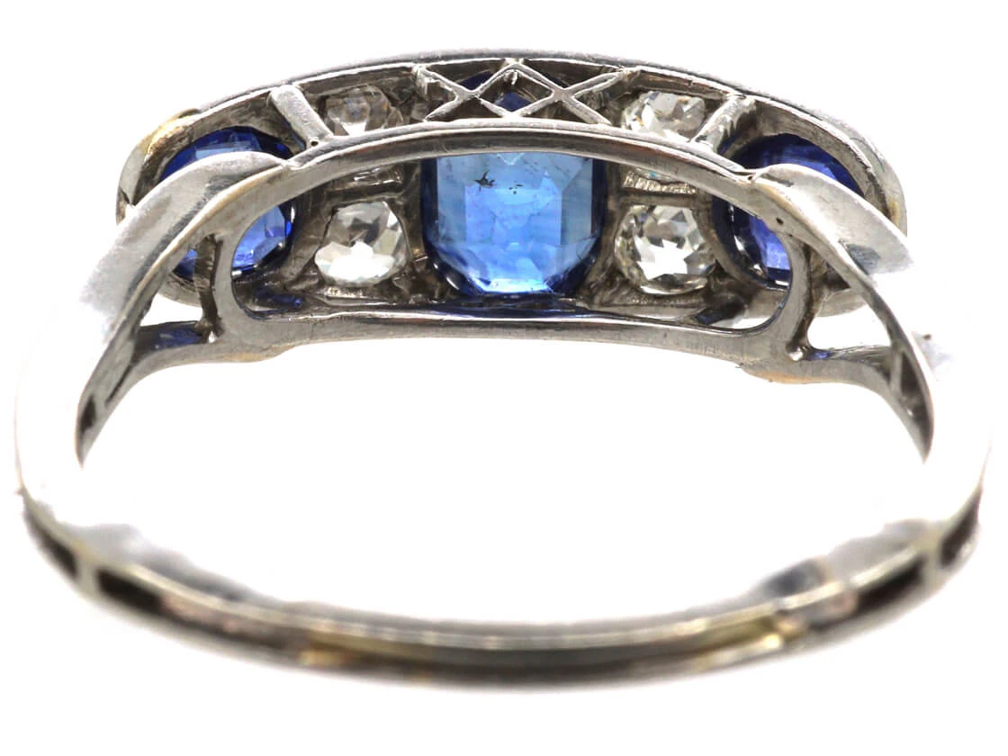 French Art Deco Platinum, Three Stone Sapphire & Diamond Ring 6 French Art Deco Platinum, Three Stone Sapphire & Diamond Ring - Image 4