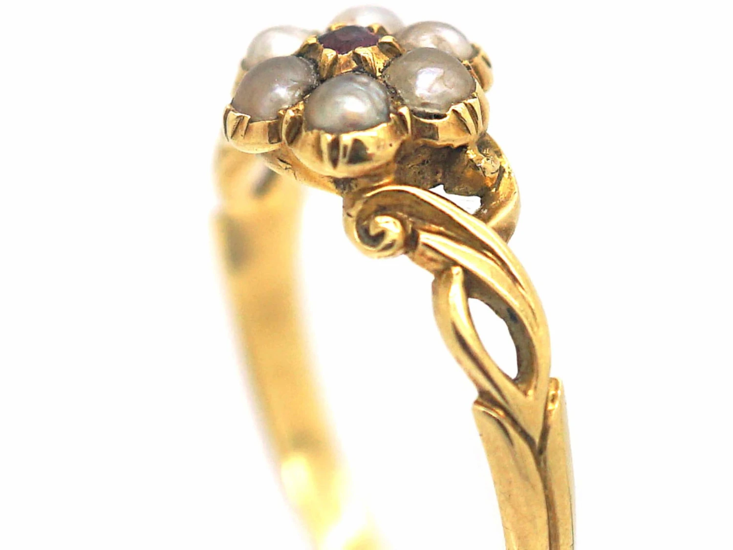 Regency 15ct Gold Natural Split Pearl & Ruby Cluster Ring With Glazed Locket On The Reverse 4 Regency 15ct Gold Natural Split Pearl & Ruby Cluster Ring With Glazed Locket On The Reverse - Image 2