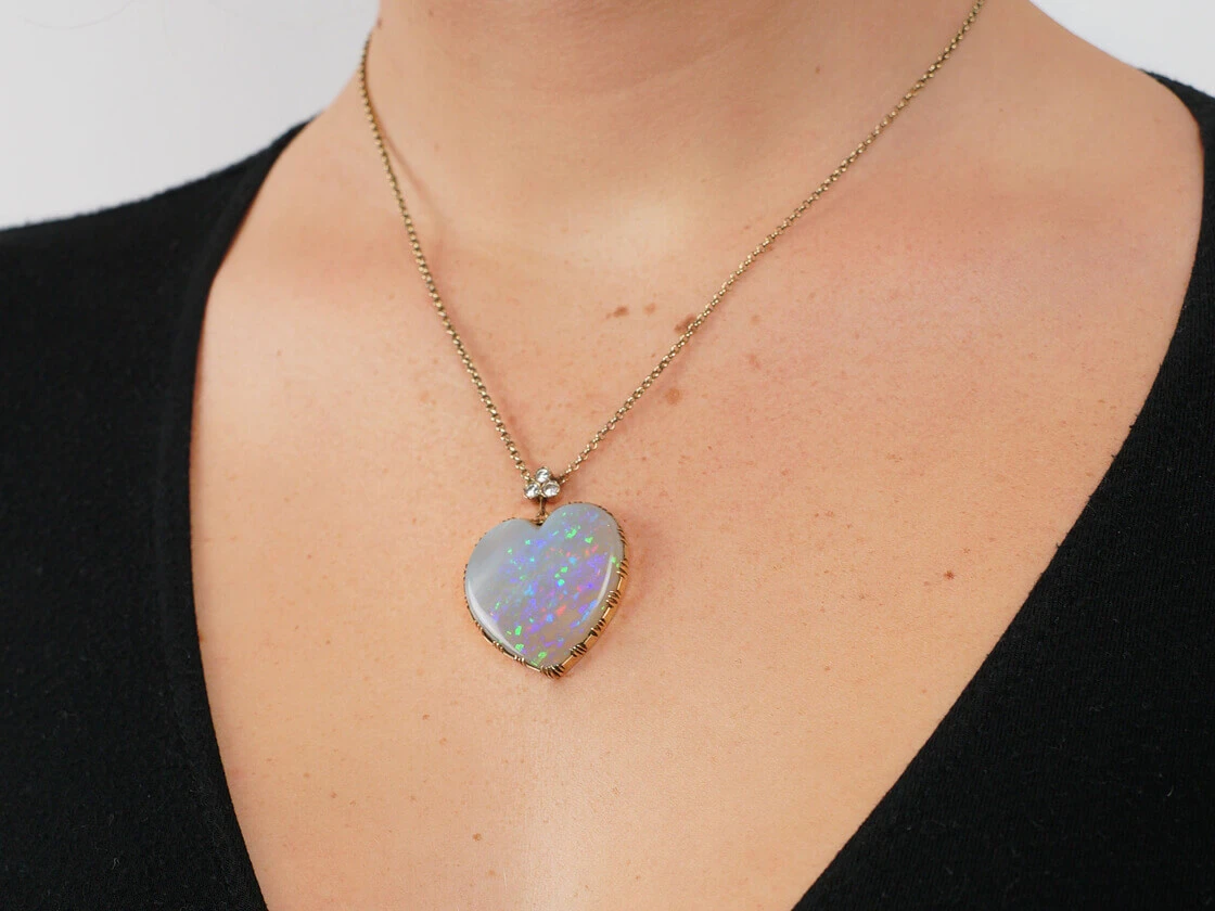 Edwardian Large Opal Heart Pendant With Diamond Top On 14ct Gold Chain 8 Edwardian Large Opal Heart Pendant With Diamond Top On 14ct Gold Chain - Image 6