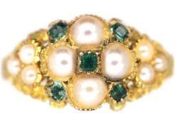 Regency 15ct Gold Natural Split Pearl & Emerald Cluster Ring With Natural Split Pearl Set Shoulders