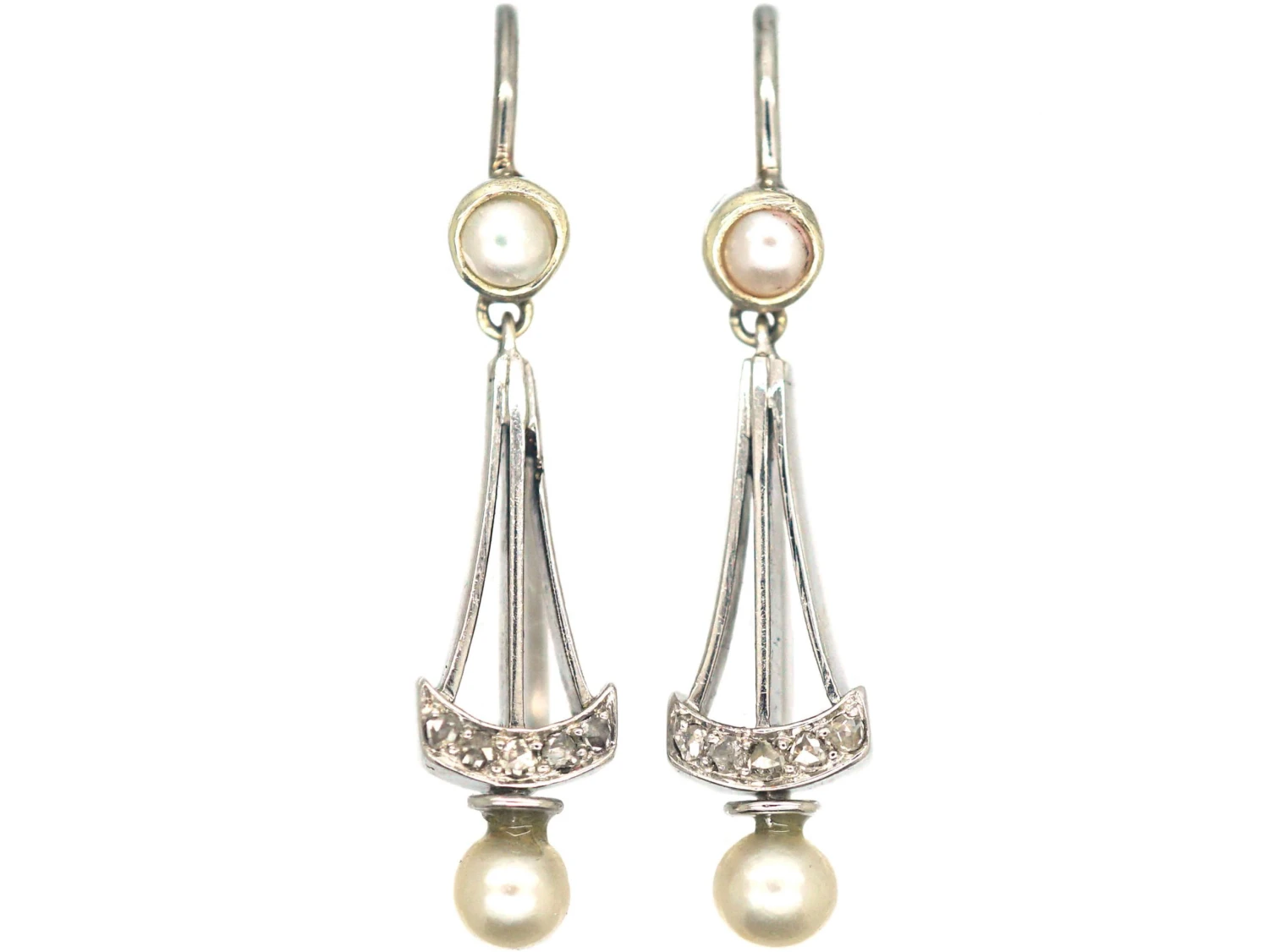 Edwardian 18ct White Gold Natural Split Pearl & Rose Diamond Drop Earrings 3 Edwardian 18ct White Gold Natural Split Pearl & Rose Diamond Drop Earrings