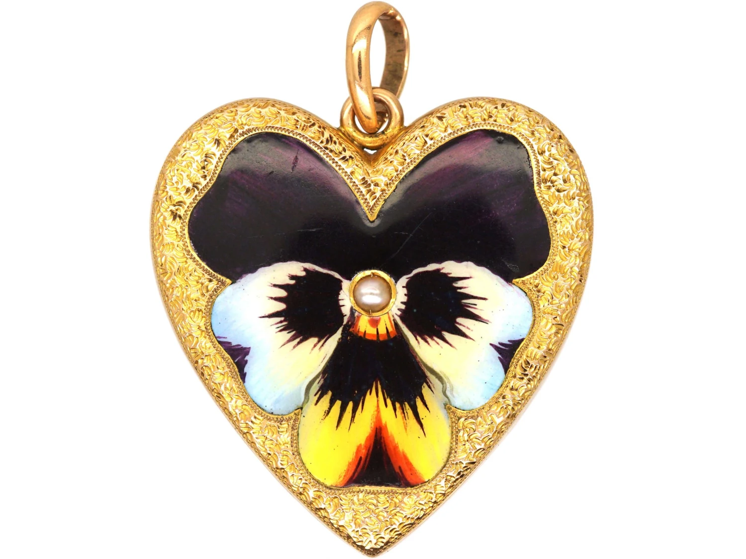 Edwardian 18ct Gold, Large Heart Shaped Pendant With Enamelled Pansy & Natural Split Pearl 3 Edwardian 18ct Gold, Large Heart Shaped Pendant With Enamelled Pansy & Natural Split Pearl