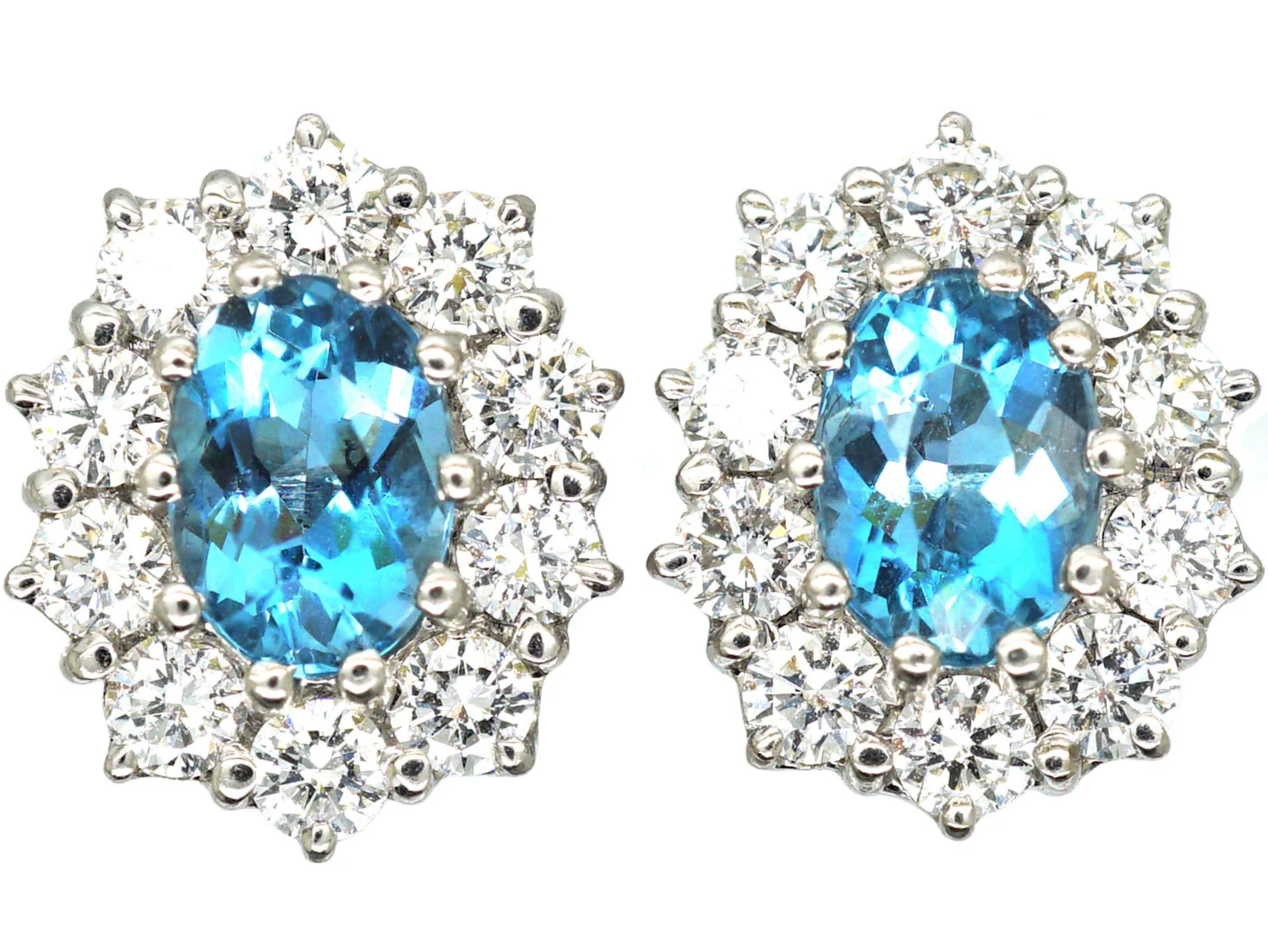 18ct White Gold, Aquamarine & Diamond Oval Cluster Earrings By Cropp & Farr 3 18ct White Gold, Aquamarine & Diamond Oval Cluster Earrings By Cropp & Farr