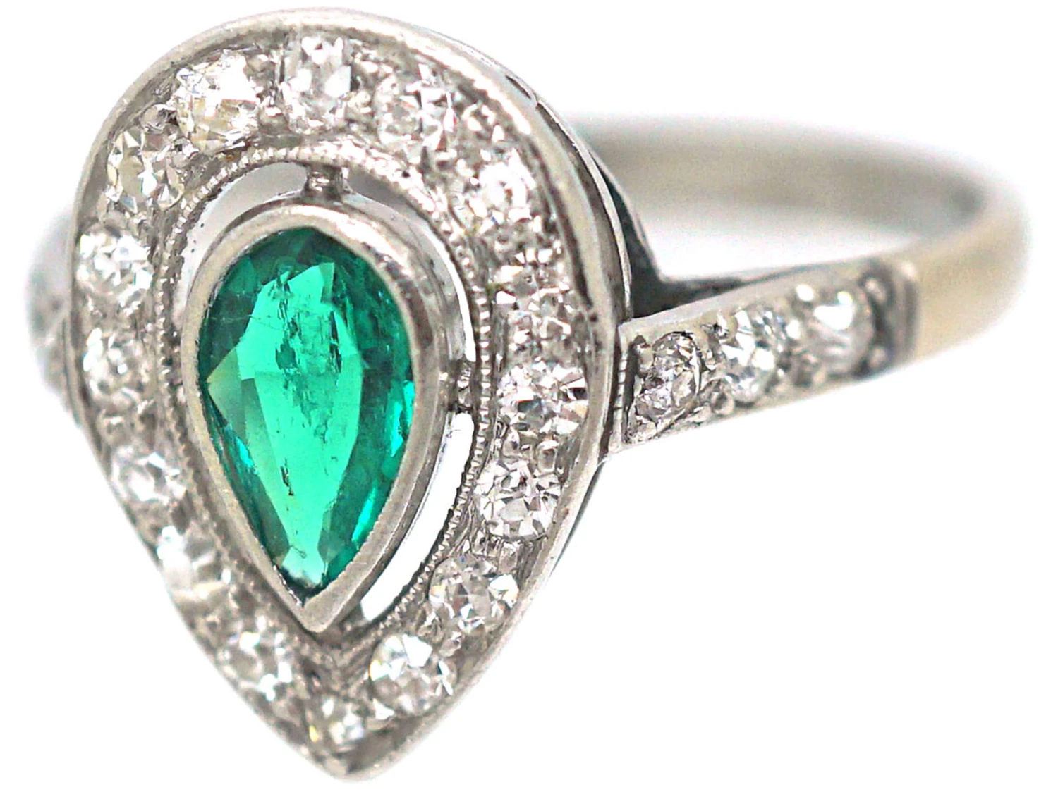Art Deco Platinum Emerald & Diamond Pear Shaped Ring 9 Art Deco Platinum Emerald & Diamond Pear Shaped Ring - Image 7
