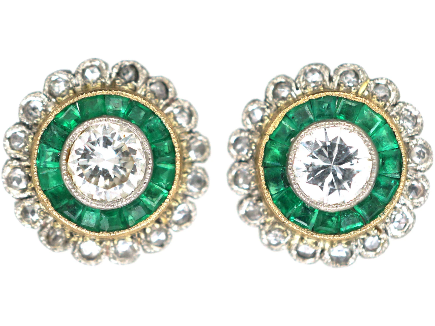Art Deco 18ct Gold & Platinum, Emerald & Diamond Target Earrings 3 Art Deco 18ct Gold & Platinum, Emerald & Diamond Target Earrings
