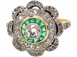 Art Deco 18ct Gold And Platinum, Emerald And Diamond Target Ring With Scalloped Surround -Antique Jewellery Company 10a0a913 dsc02037 scaled 1