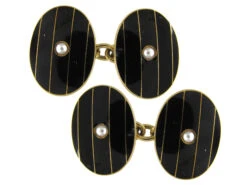 18ct Gold & Black Enamel & Pearl Art Deco Cufflinks, Buttons & Studs In Original Case -Antique Jewellery Company 112b