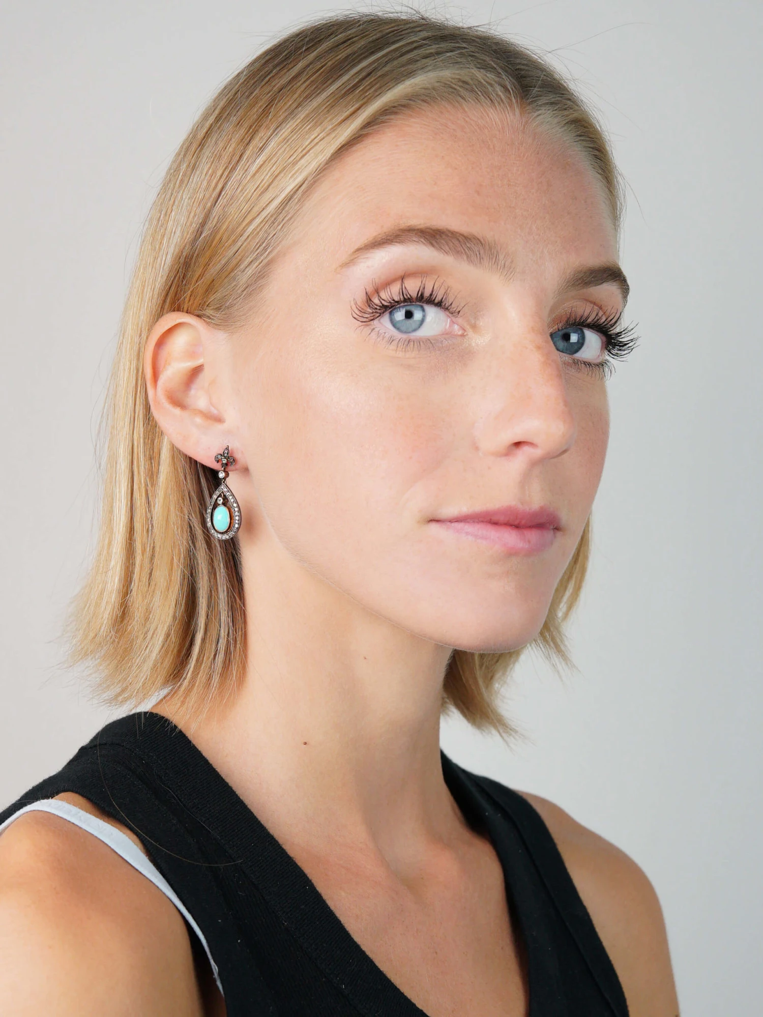 Edwardian Turquoise & Rose Diamond Drop Earrings 4 Edwardian Turquoise & Rose Diamond Drop Earrings - Image 2