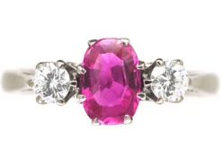Art Deco 18ct White Gold & Platinum, Pink Sapphire & Diamond Three Stone Ring