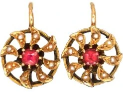 French Early 20th Century 18ct Gold, Pink Tourmaline & Natural Split Pearl Catherine Wheel Earrings