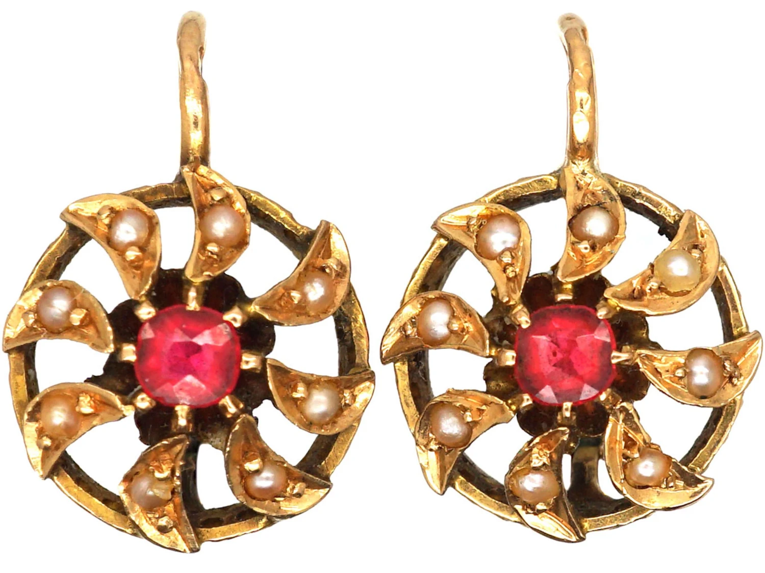 French Early 20th Century 18ct Gold, Pink Tourmaline & Natural Split Pearl Catherine Wheel Earrings 3 French Early 20th Century 18ct Gold, Pink Tourmaline & Natural Split Pearl Catherine Wheel Earrings