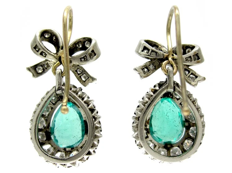 Emerald Diamond Bow & Pear Shape Drop Earrings 4 Emerald Diamond Bow & Pear Shape Drop Earrings - Image 2