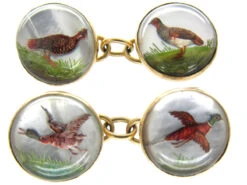 Reverse Intaglio Rock Crystal Game Bird 18ct Gold Victorian Cufflinks