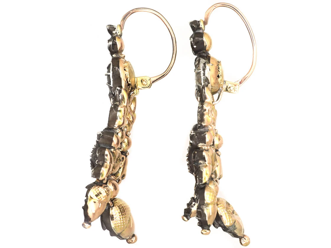 Portuguese 18th Century Silver, Gold & Rose Diamond Acorn Drop Earrings 4 Portuguese 18th Century Silver, Gold & Rose Diamond Acorn Drop Earrings - Image 2