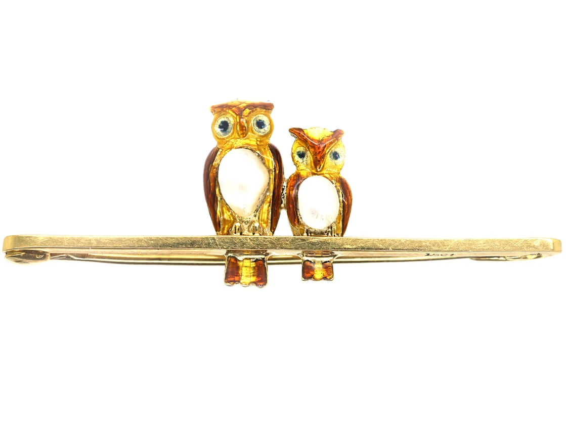 Edwardian 15ct Gold, Enamel & Pearl Mother & Baby Owl Brooch 3 Edwardian 15ct Gold, Enamel & Pearl Mother & Baby Owl Brooch