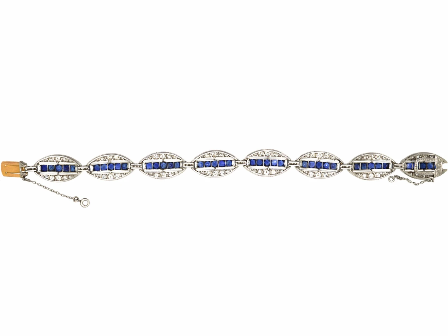 French Art Deco 18ct White Gold & Platinum, Diamond & Unheated Sapphire Elliptical Design Bracelet By Edouard Caen 5 French Art Deco 18ct White Gold & Platinum, Diamond & Unheated Sapphire Elliptical Design Bracelet By Edouard Caen - Image 3