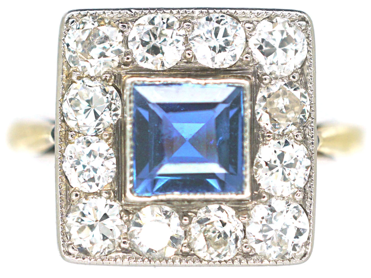 Art Deco 18ct Gold & Platinum Square Sapphire & Diamond Ring 3 Art Deco 18ct Gold & Platinum Square Sapphire & Diamond Ring