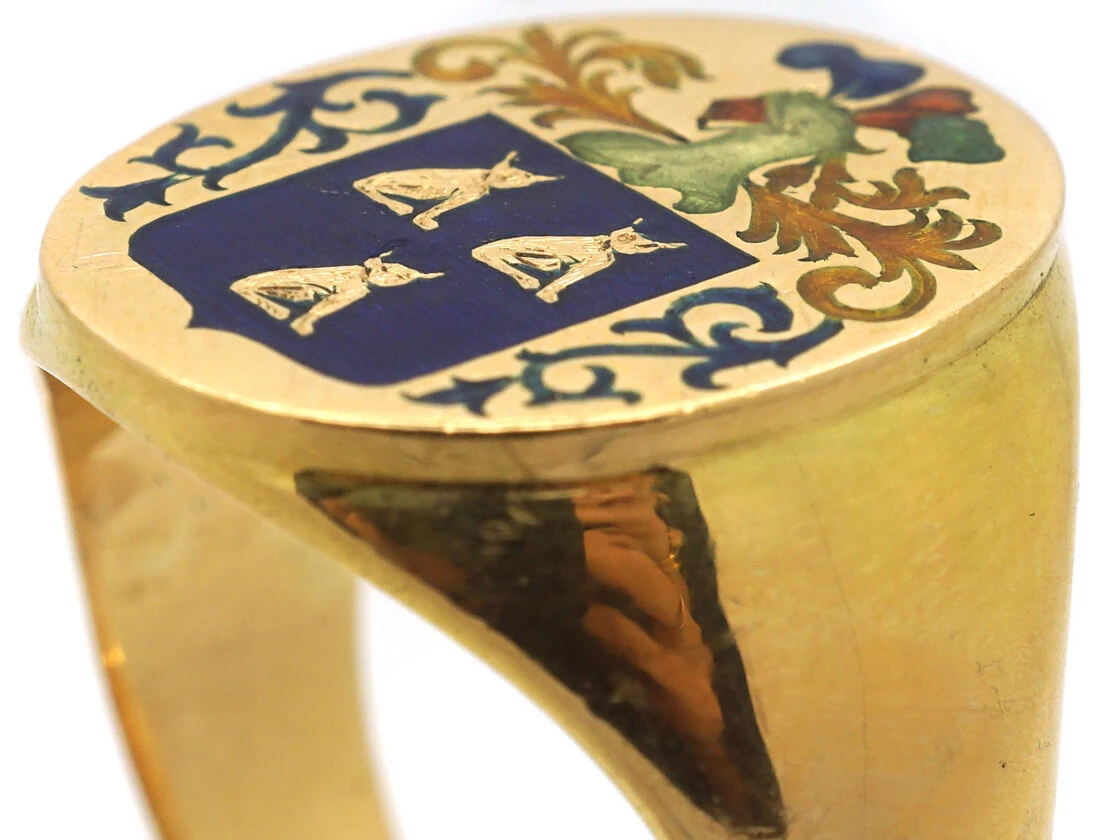Large 18ct Gold & Enamel Signet Ring With Crest 4 Large 18ct Gold & Enamel Signet Ring With Crest - Image 2