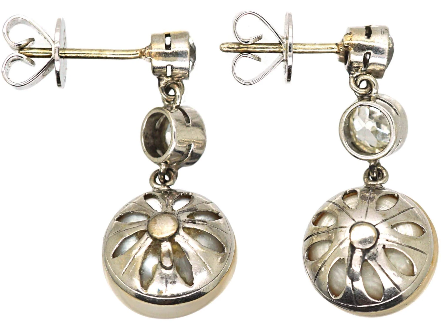 Art Deco 18ct White Gold Mabe Pearl & Diamond Drop Earrings 4 Art Deco 18ct White Gold Mabe Pearl & Diamond Drop Earrings - Image 2