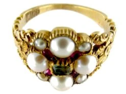 15ct Gold Regency Emerald, Natural Split Pearl & Ruby Cluster Ring 14 15ct Gold Regency Emerald, Natural Split Pearl & Ruby Cluster Ring -Antique Jewellery Company 172e