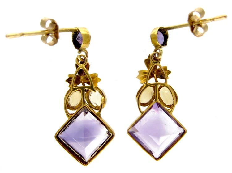 Amethyst & Citrine Gold Drop Earrings 4 Amethyst & Citrine Gold Drop Earrings - Image 2
