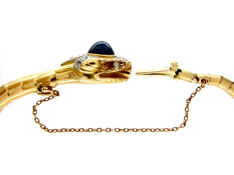 Retro 18ct Gold & Platinum Snake Bracelet Set With A Synthetic Sapphire & Diamonds 4 Retro 18ct Gold & Platinum Snake Bracelet Set With A Synthetic Sapphire & Diamonds - Image 2