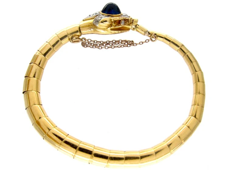 Retro 18ct Gold & Platinum Snake Bracelet Set With A Synthetic Sapphire & Diamonds 5 Retro 18ct Gold & Platinum Snake Bracelet Set With A Synthetic Sapphire & Diamonds - Image 3