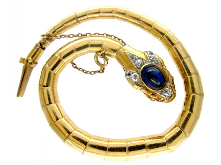 Retro 18ct Gold & Platinum Snake Bracelet Set With A Synthetic Sapphire & Diamonds 3 Retro 18ct Gold & Platinum Snake Bracelet Set With A Synthetic Sapphire & Diamonds