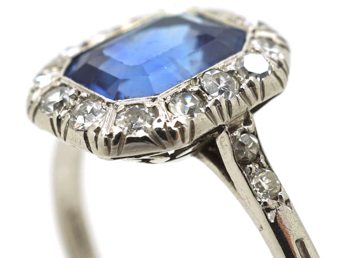 Art Deco Ceylon Sapphire & Diamond Platinum Octagonal Shaped Ring 4 Art Deco Ceylon Sapphire & Diamond Platinum Octagonal Shaped Ring - Image 2