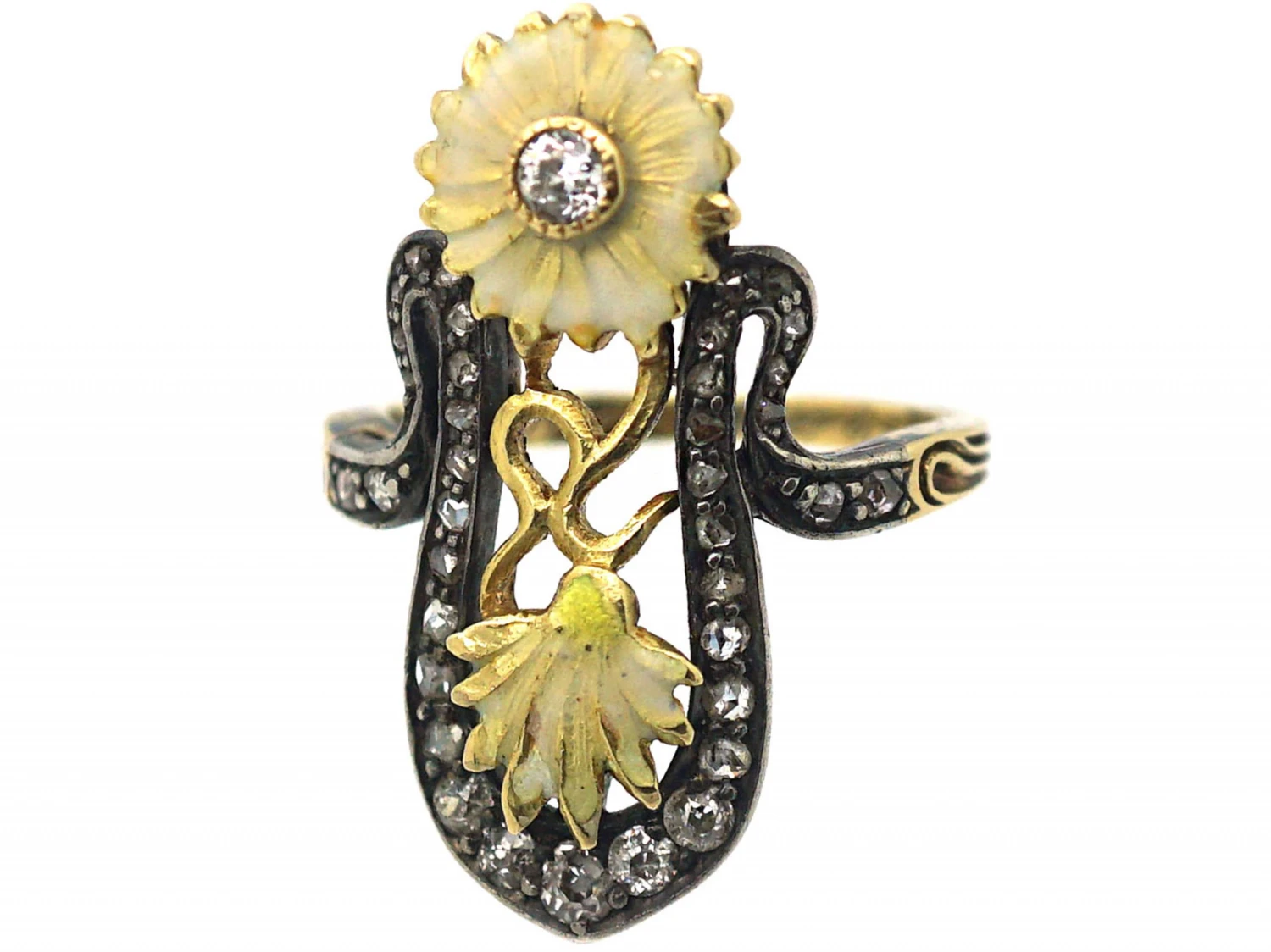 Art Nouveau 18ct Gold Diamond & Enamel Flowers Ring 8 Art Nouveau 18ct Gold Diamond & Enamel Flowers Ring - Image 6