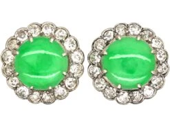 Art Deco 18ct White Gold, Jade & Diamond Cluster Earrings In Original Case