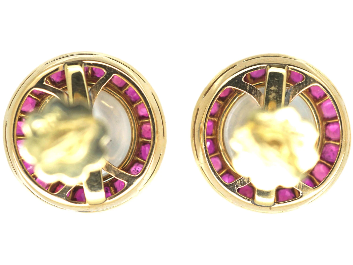 Edwardian 14ct Gold Moonstone & Ruby Round Stud Earrings 5 Edwardian 14ct Gold Moonstone & Ruby Round Stud Earrings - Image 3