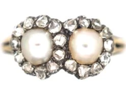 Victorian 18ct Gold Double Heart Ring Set With Natural Pearls & Rose Diamonds