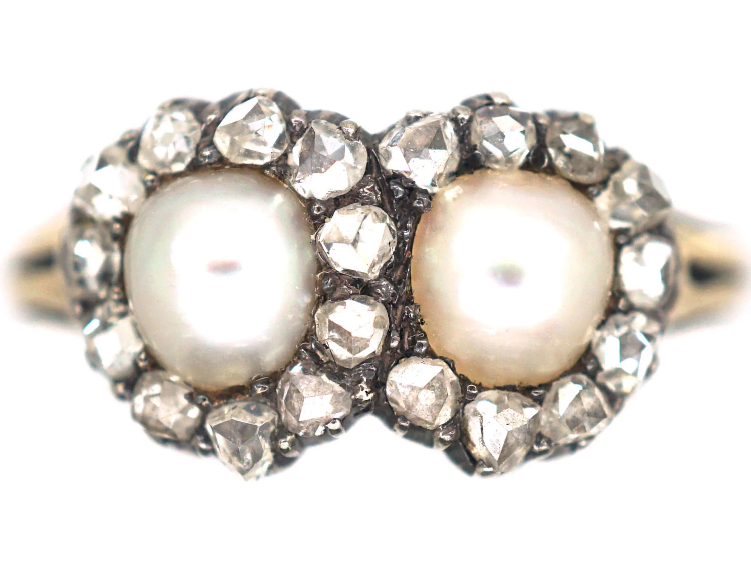 Victorian 18ct Gold Double Heart Ring Set With Natural Pearls & Rose Diamonds 3 Victorian 18ct Gold Double Heart Ring Set With Natural Pearls & Rose Diamonds