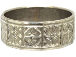 18ct White Gold Wide Wedding Ring With Flower & Diamond Motifs 13 18ct White Gold Wide Wedding Ring With Flower & Diamond Motifs -Antique Jewellery Company 1f635e84 dsc07540 scaled 1