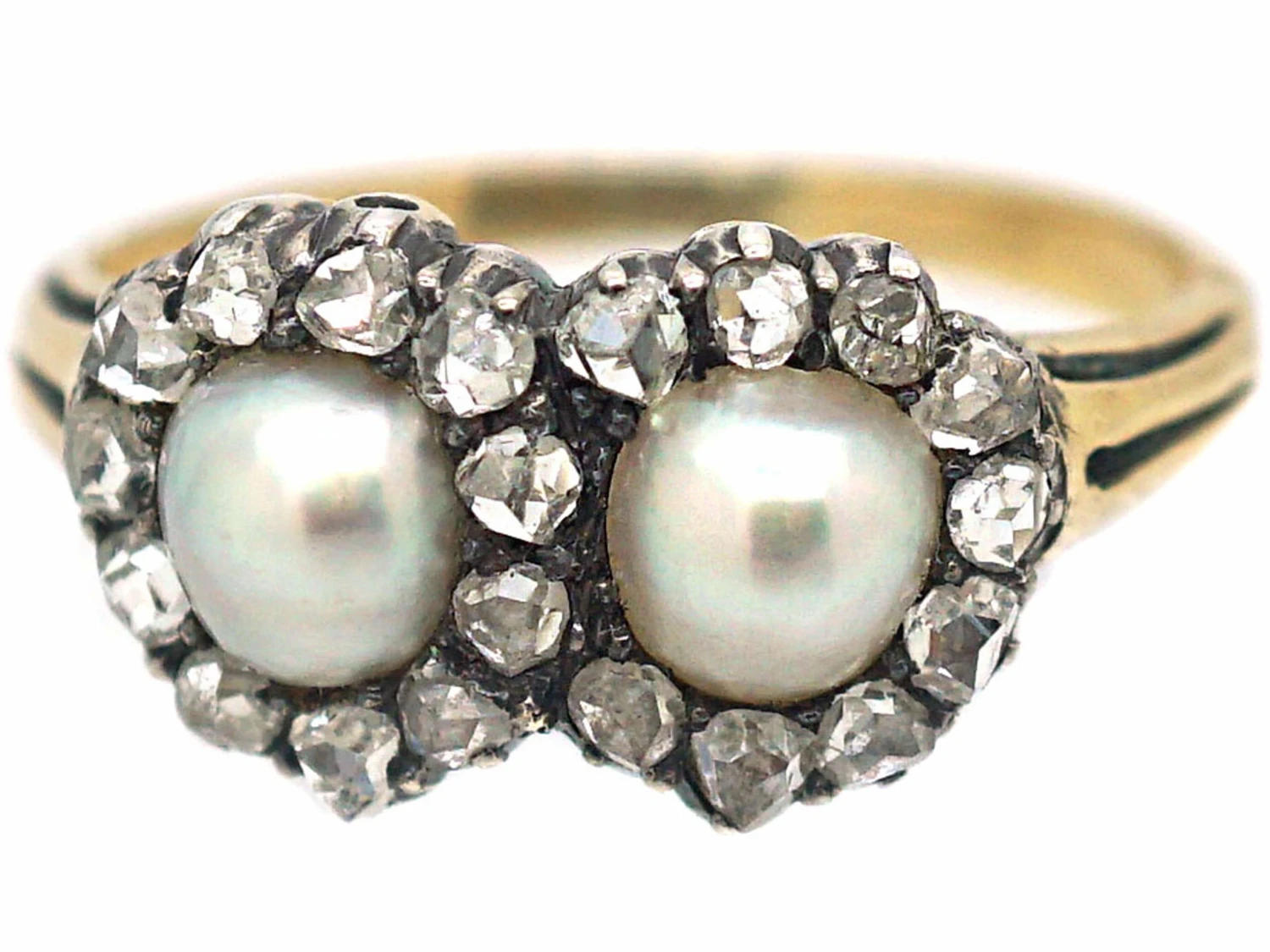 Victorian 18ct Gold Double Heart Ring Set With Natural Pearls & Rose Diamonds 9 Victorian 18ct Gold Double Heart Ring Set With Natural Pearls & Rose Diamonds - Image 7