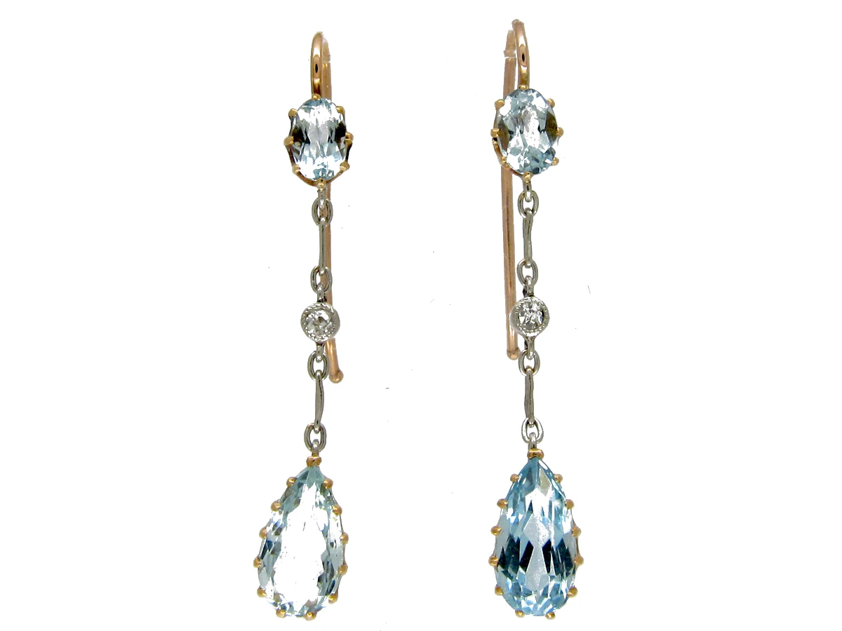Aquamarine, Diamond & Platinum Edwardian Drop Earrings 3 Aquamarine, Diamond & Platinum Edwardian Drop Earrings