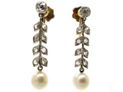 Edwardian 15ct Gold & Platinum, Diamond & Pearl Drop Earrings