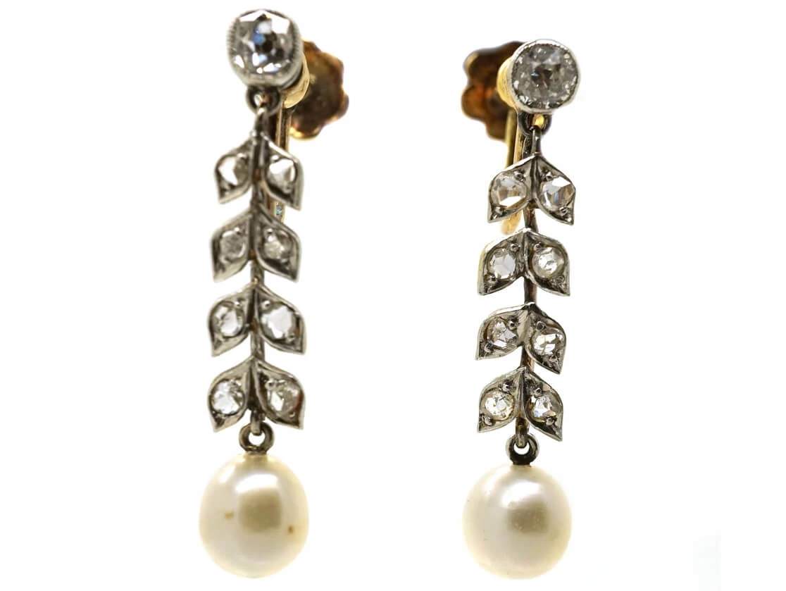 Edwardian 15ct Gold & Platinum, Diamond & Pearl Drop Earrings 3 Edwardian 15ct Gold & Platinum, Diamond & Pearl Drop Earrings
