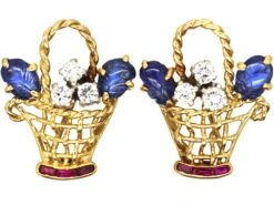 Retro 18ct Gold Giardinetti Earrings Set With Carved Sapphires, Diamonds & Rubies