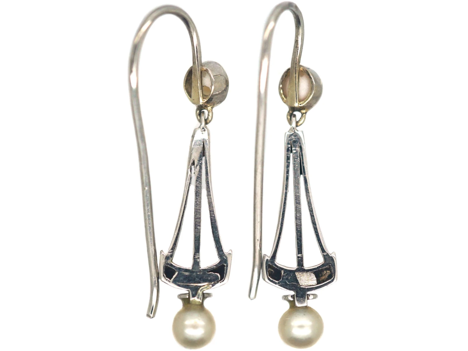 Edwardian 18ct White Gold Natural Split Pearl & Rose Diamond Drop Earrings 4 Edwardian 18ct White Gold Natural Split Pearl & Rose Diamond Drop Earrings - Image 2