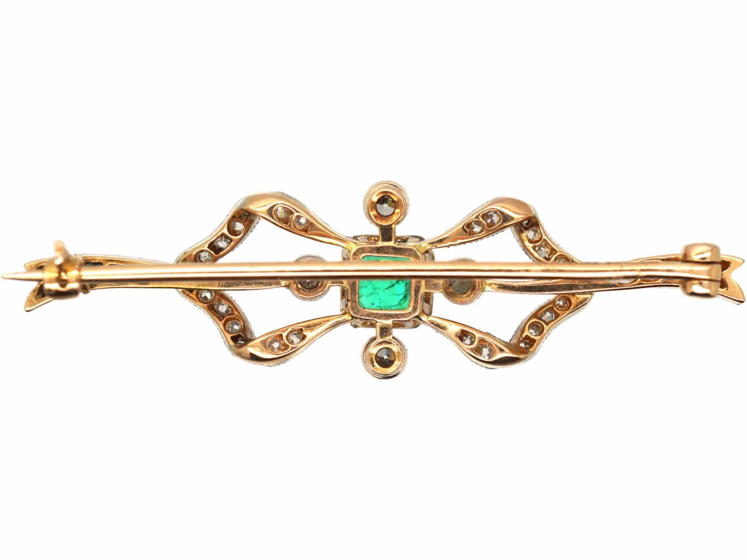 Art Deco 15ct Gold & Platinum, Emerald & Diamond Bow Brooch 5 Art Deco 15ct Gold & Platinum, Emerald & Diamond Bow Brooch - Image 3