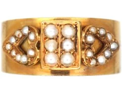 Belle Epoque French 18ct Gold Ring With Natural Split Pearl Hearts Motif