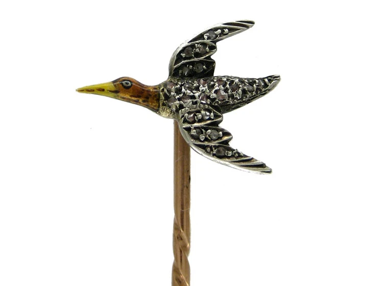 Flying Duck Tie Pin In Gold, Silver, Enamel & Diamond 3 Flying Duck Tie Pin In Gold, Silver, Enamel & Diamond