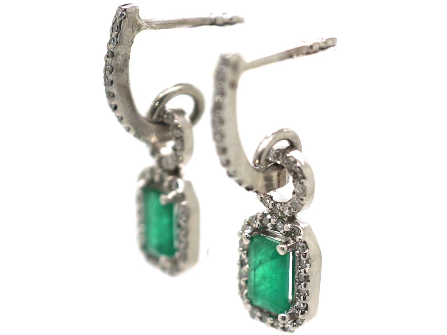 18ct White Gold, Emerald & Diamond Drop Earrings 5 18ct White Gold, Emerald & Diamond Drop Earrings - Image 3