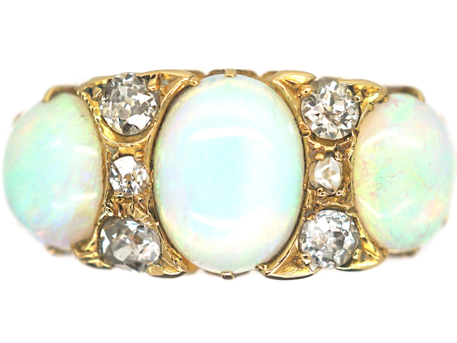 Victorian 18ct Gold, Three Stone Opal & Diamond Ring 3 Victorian 18ct Gold, Three Stone Opal & Diamond Ring