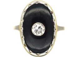Art Deco 18ct Gold, Onyx & Diamond Oval Shaped Ring
