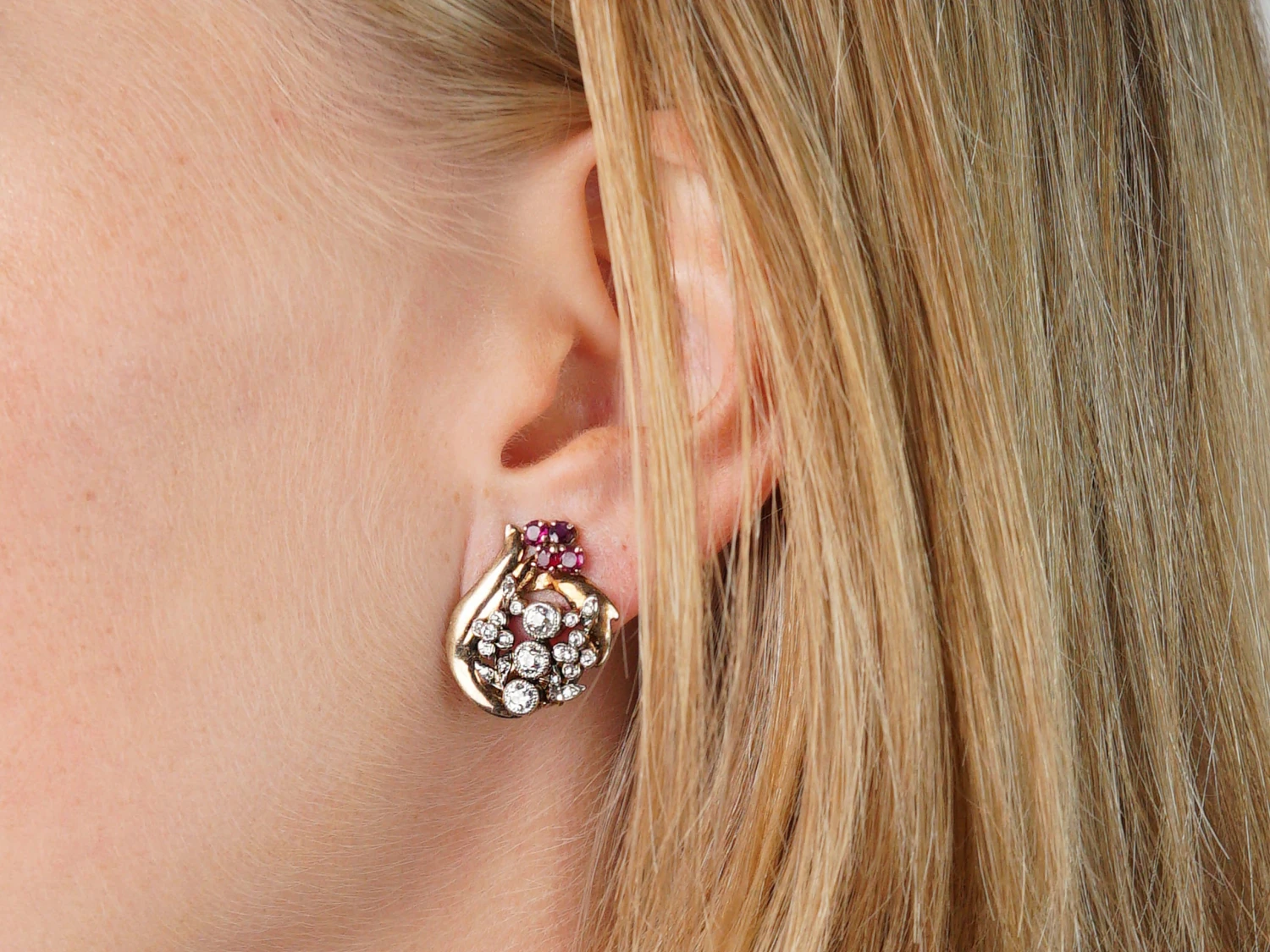 Retro 18ct White & Yellow Gold, Ruby & Diamond Clip On Earrings 4 Retro 18ct White & Yellow Gold, Ruby & Diamond Clip On Earrings - Image 2